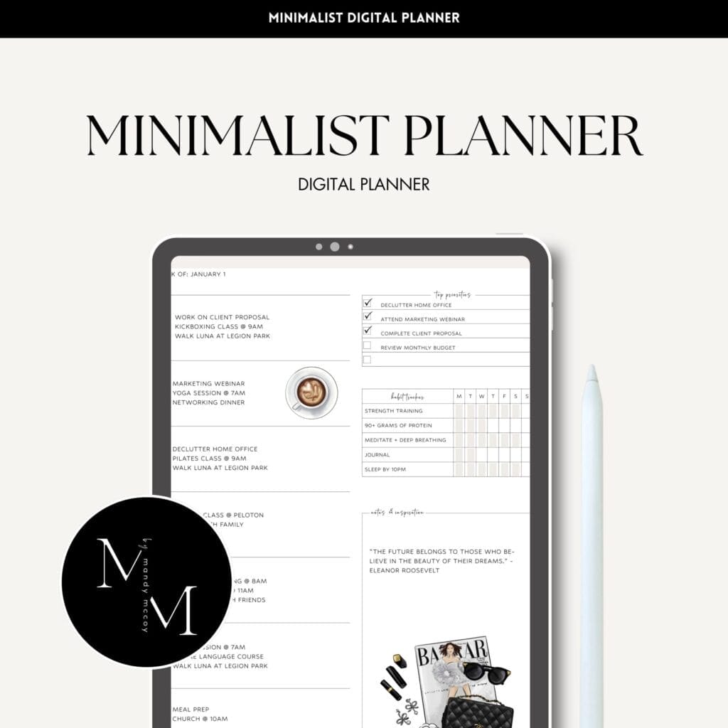  The ultimate guide: Minimalist Digital Planner on a tablet with stylus highlighting a clean and organized planning layout